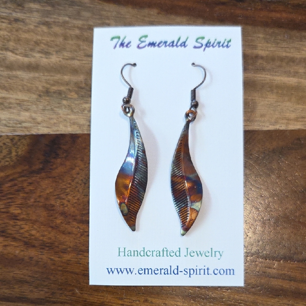 Flame Painted Copper Leaf Earrings